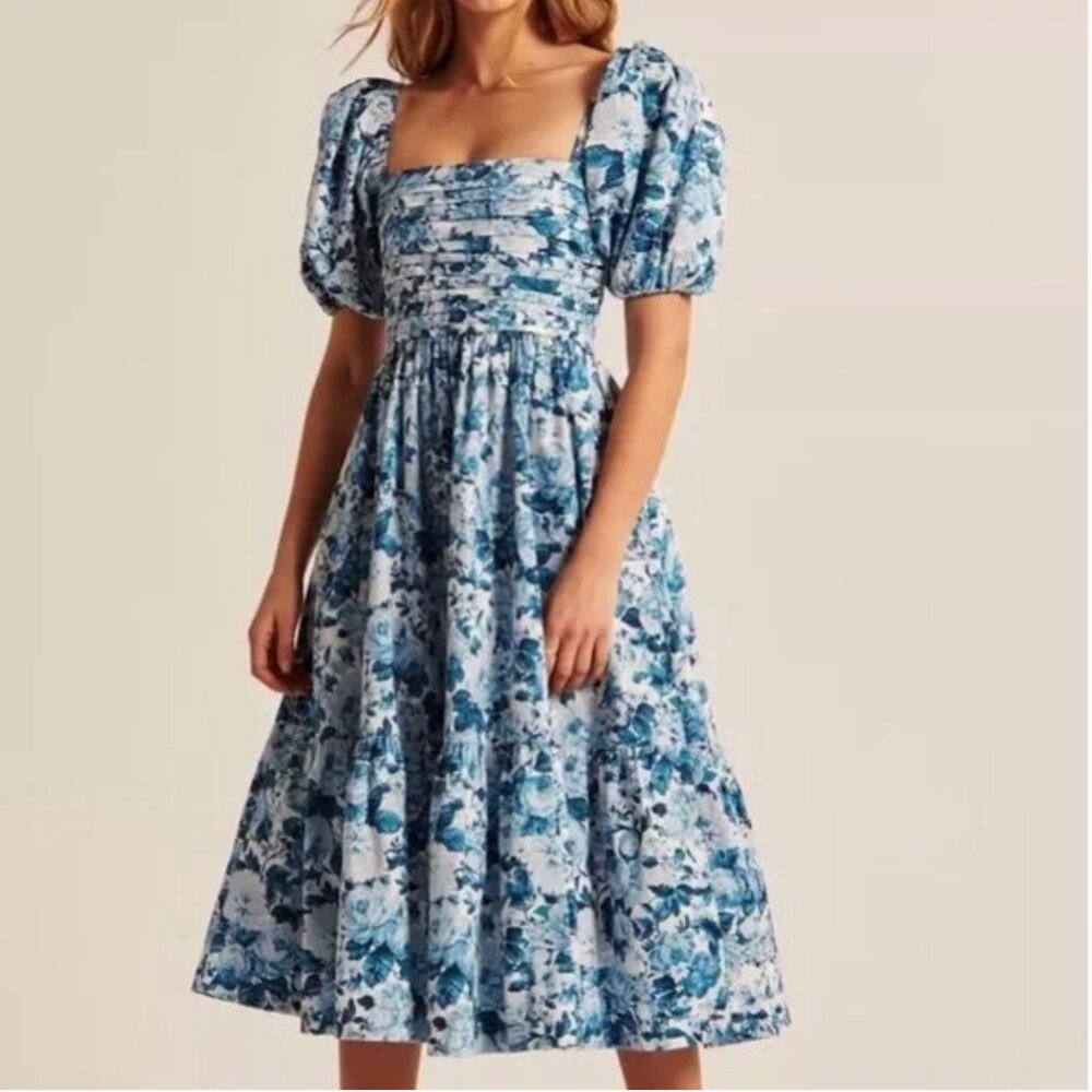 Abercrombie & Fitch Blue Floral Puff-Sleeve Maxi Dress